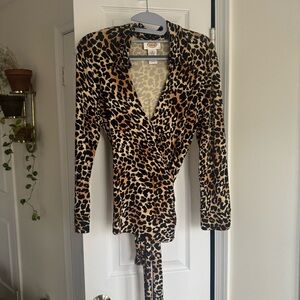 Vintage Talbots Leopard Print Wrap Top Collared Long Sleeve Animal Blouse Size S